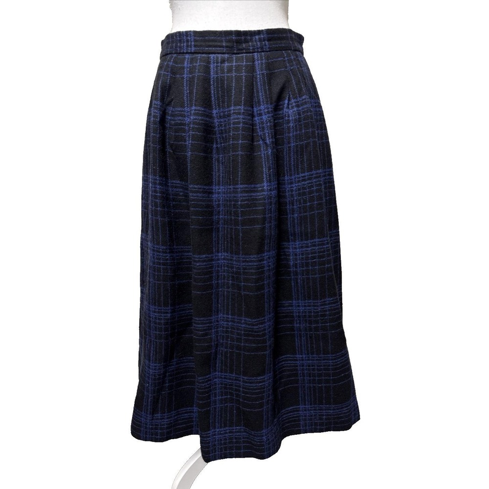 Vtg Blue Plaid Wool Pleated High Waist Midi Skirt S/M Pockets School Tartan